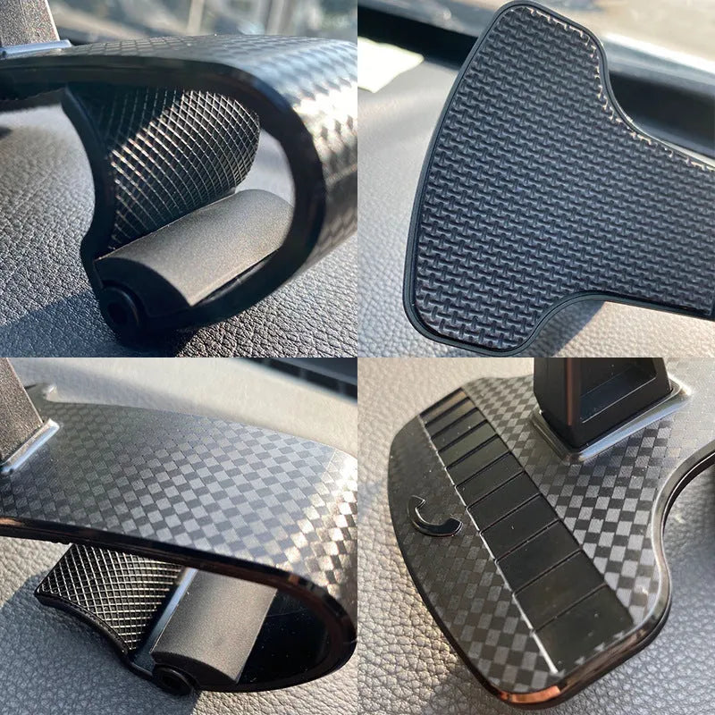 Black 360-degree rotating adjustable car phone holder mounted on a dashboard