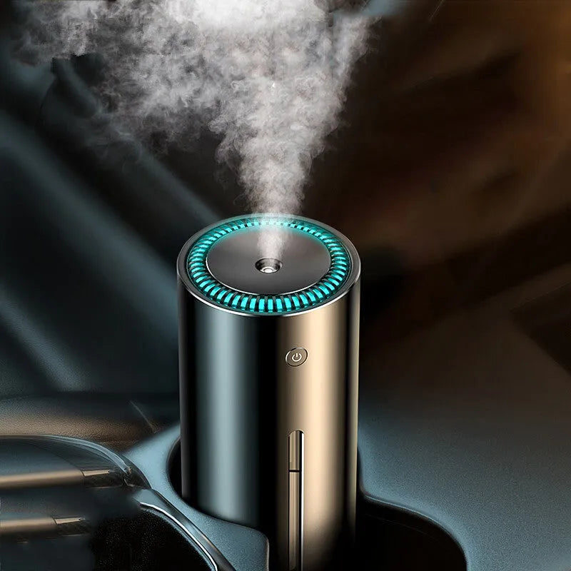 Black aluminium alloy car diffuser humidifier with USB cable for air purification.