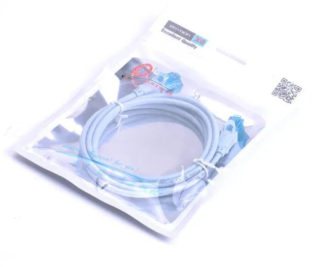 Ice blue CAT5e network cable with gold-plated RJ45 connectors on a light background