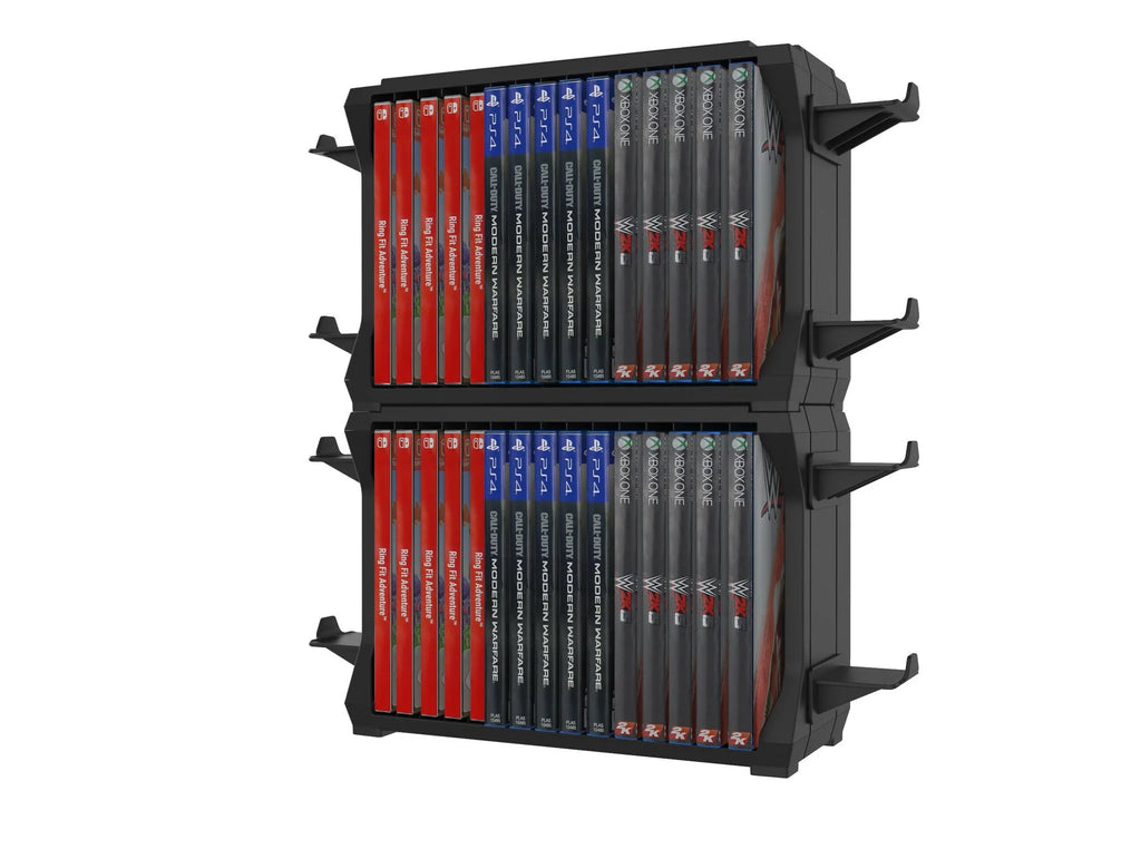 Black PS5 and Xbox Series X disc stand with slots for game cases and four controller handles.