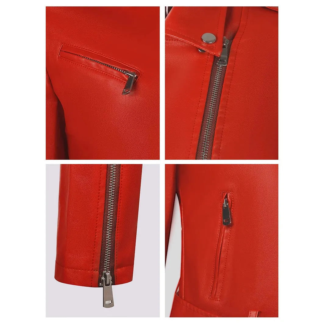 Women's red PU leather motorcycle jacket with lapel collar and a short waist belt.