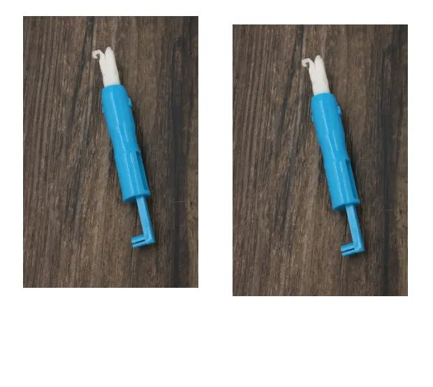 Needle threader insertion tool for sewing machine, plastic and metal, 7.2cm length, shown on white background