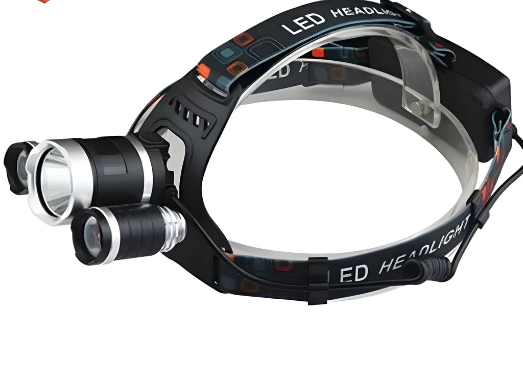 Aluminium alloy rechargeable headlight with adjustable elastic headband and front LED lens.