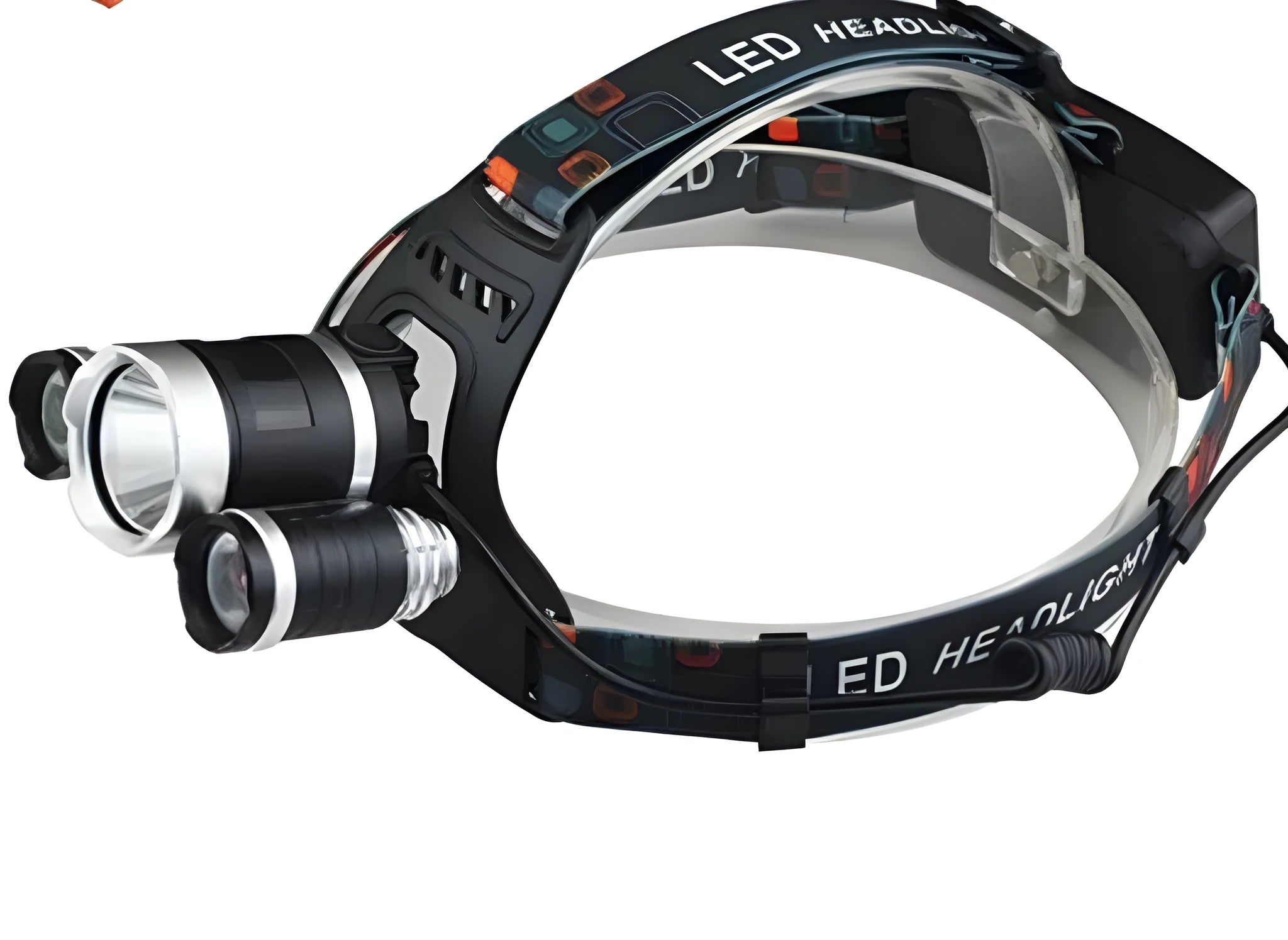 Aluminium alloy rechargeable headlight with adjustable elastic headband and front LED lens.