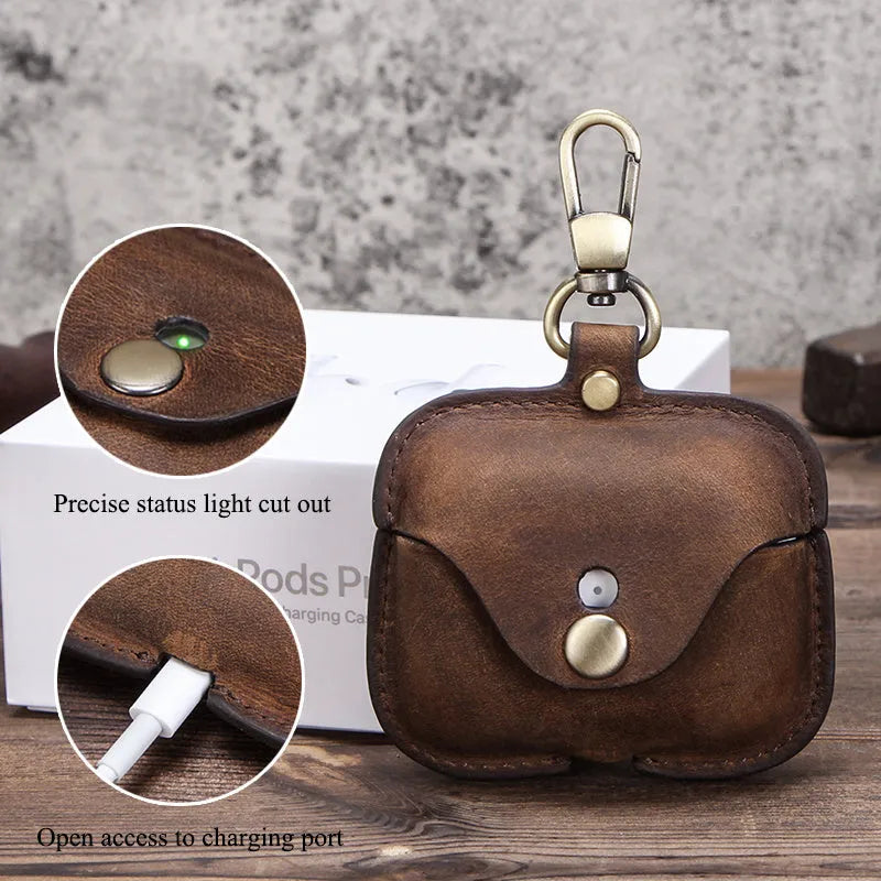 Vintage brown leather clamshell case for Apple AirPods Pro wireless earphones.