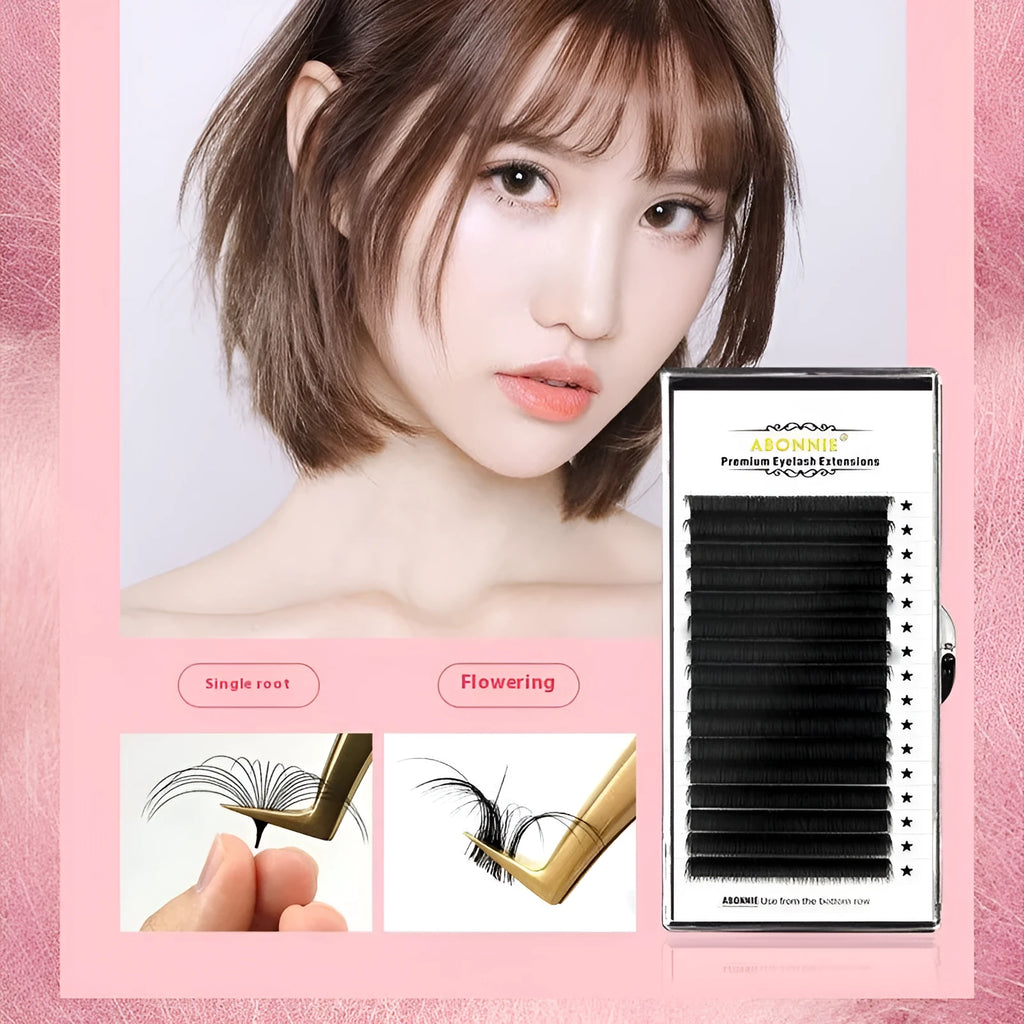 A 16-row dense tray of matte round wool false eyelashes made from mink hair, showing variations in length.