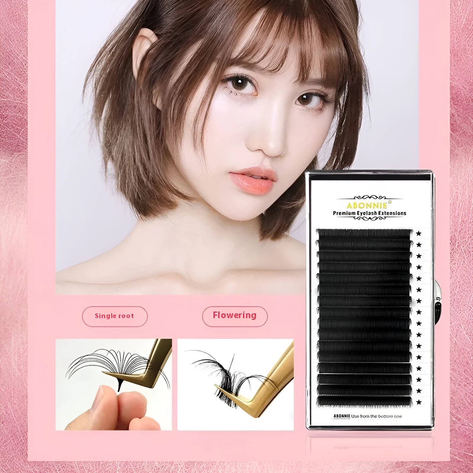 A 16-row dense tray of matte round wool false eyelashes made from mink hair, showing variations in length.