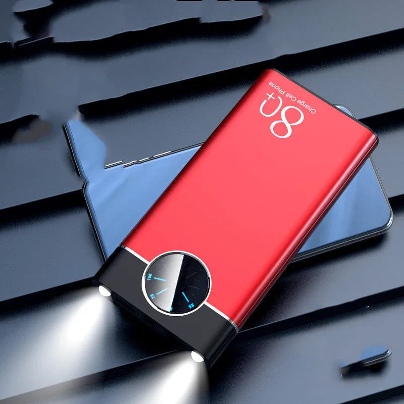Black, red, and blue alloy-shell 20000mAh fast charging power bank with LED flashlight.