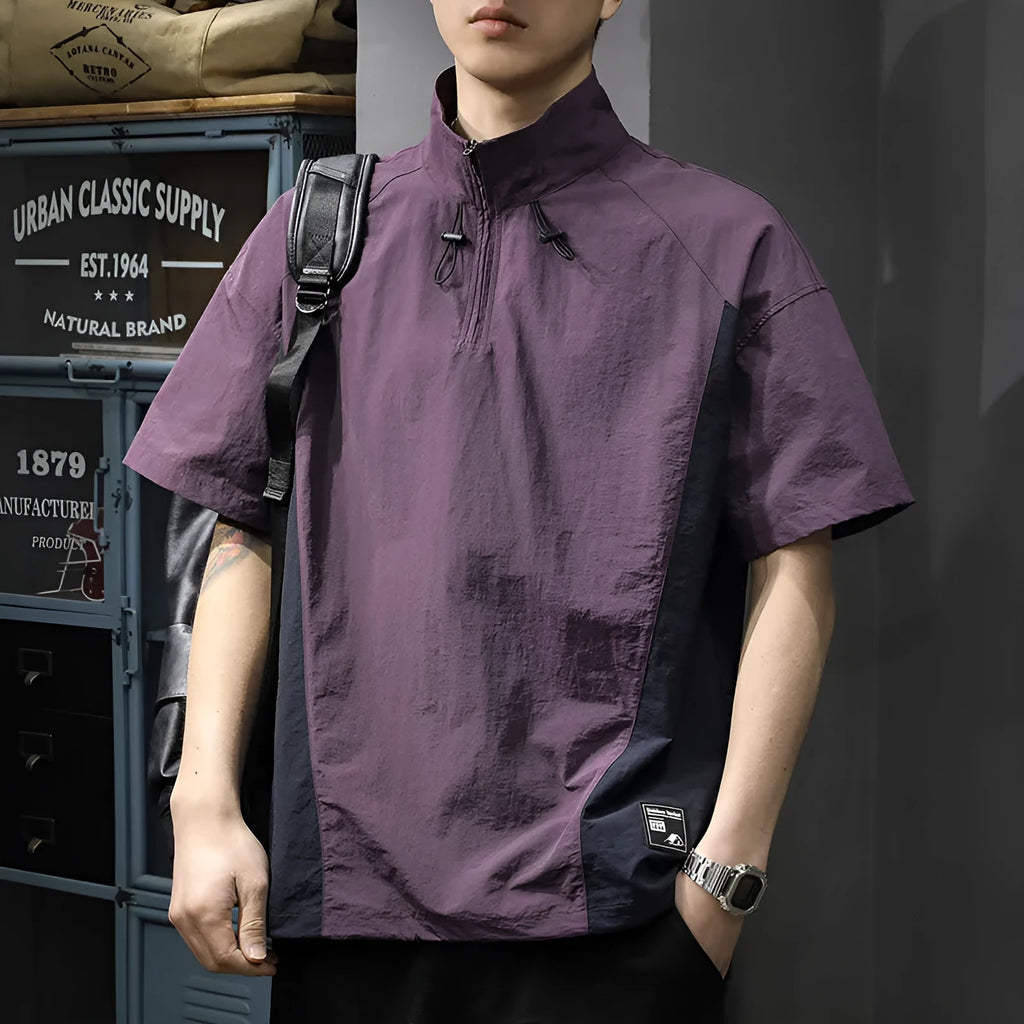 Men's brown half-zip stand collar short-sleeved shirt made from ice silk fabric