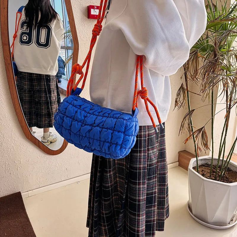 Women's lightweight nylon messenger bag in pillow shape with rhombus pattern design
