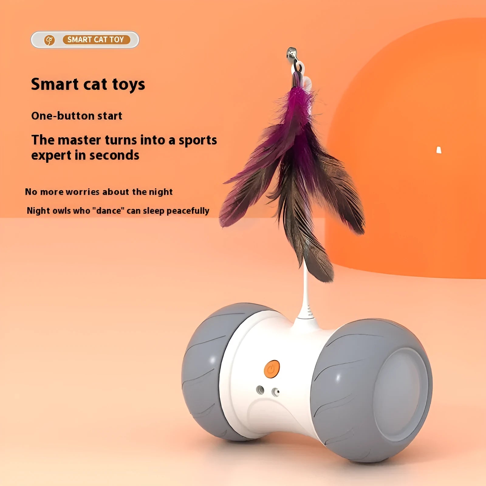 White light grey automatic electric roller tumbler cat toy on floor, ABS plastic construction