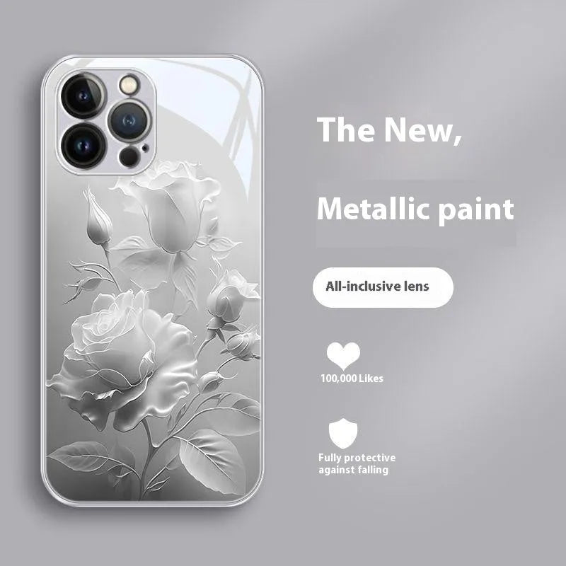 Red tempered glass painted phone case with blooming rose design on a white background