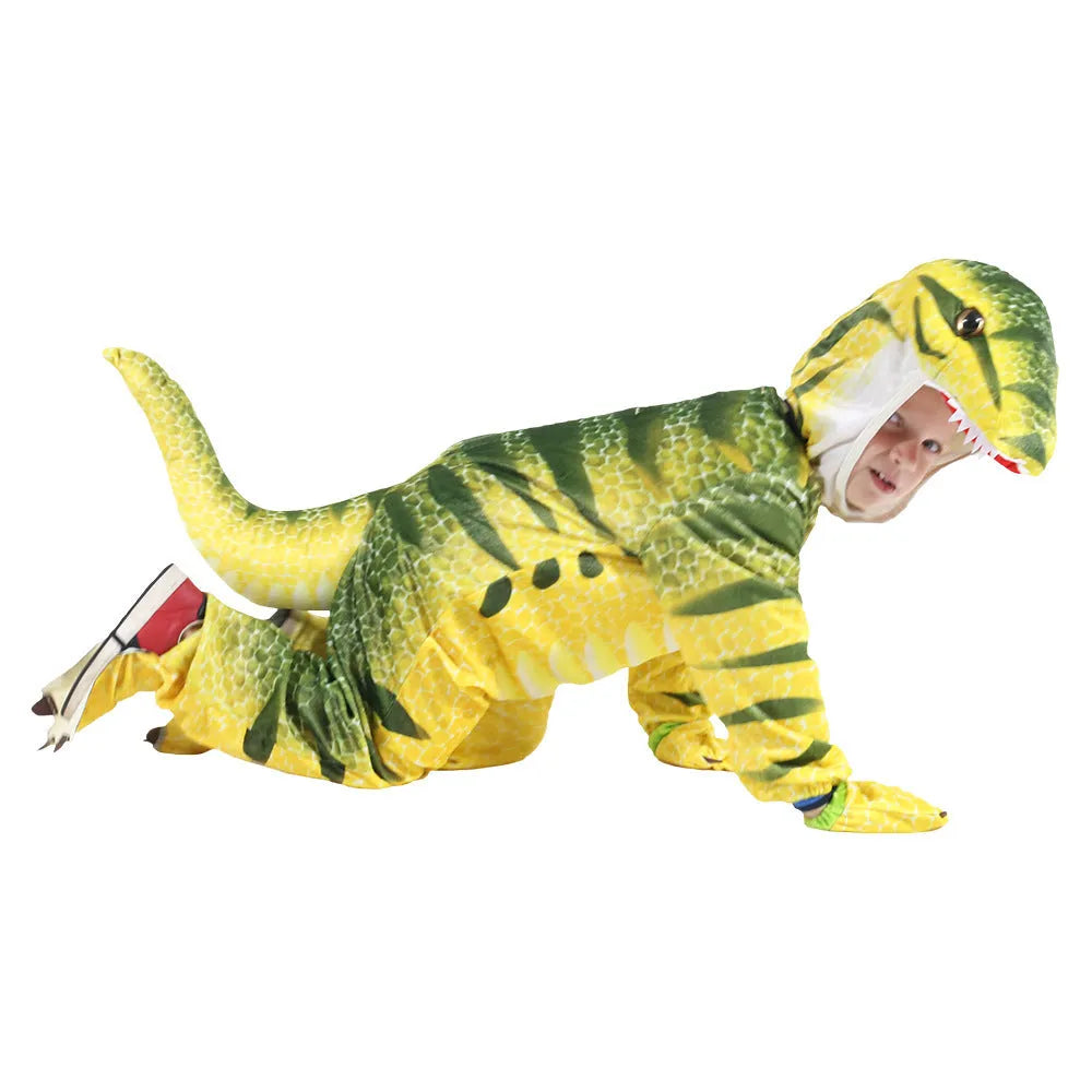 Child wearing a green Jurassic dinosaur Halloween costume with a tail and hood.