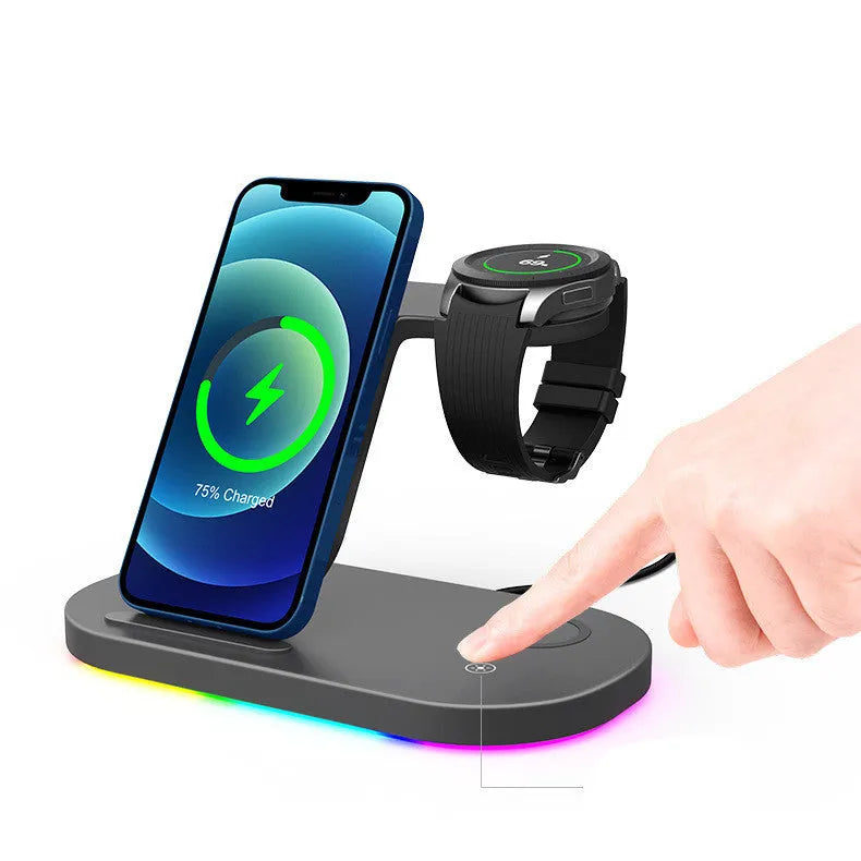 Three-in-one wireless charging station in black or white charging phone watch headphones