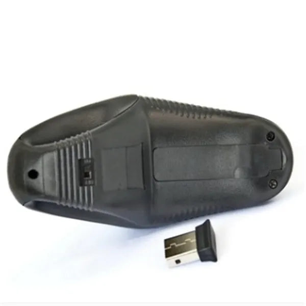Black wireless trackball mouse with six buttons and USB receiver for laptop use
