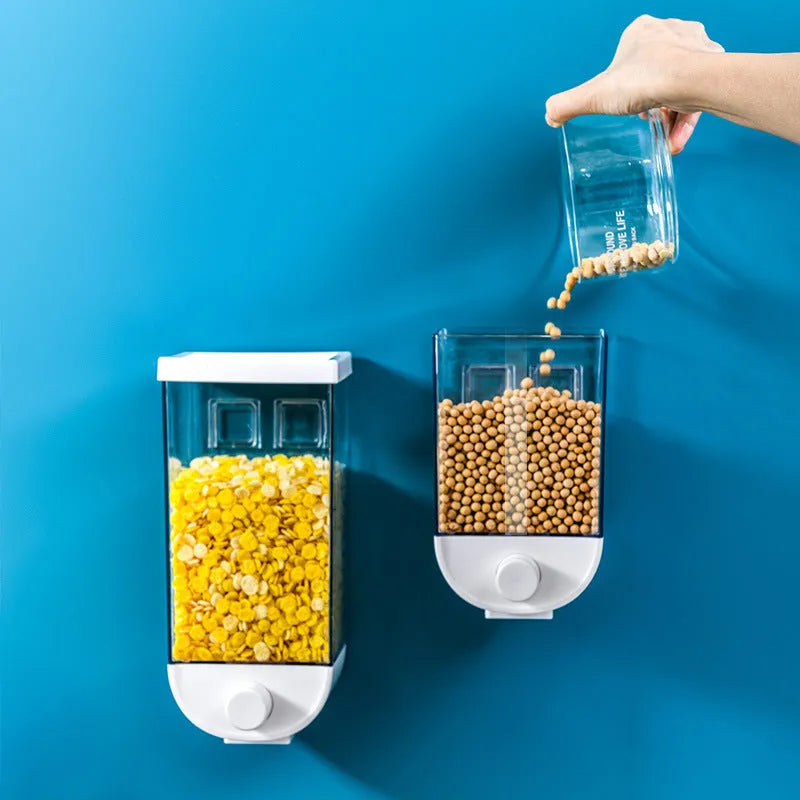White transparent wall-mounted kitchen cereal dispenser storage box with easy-press lid