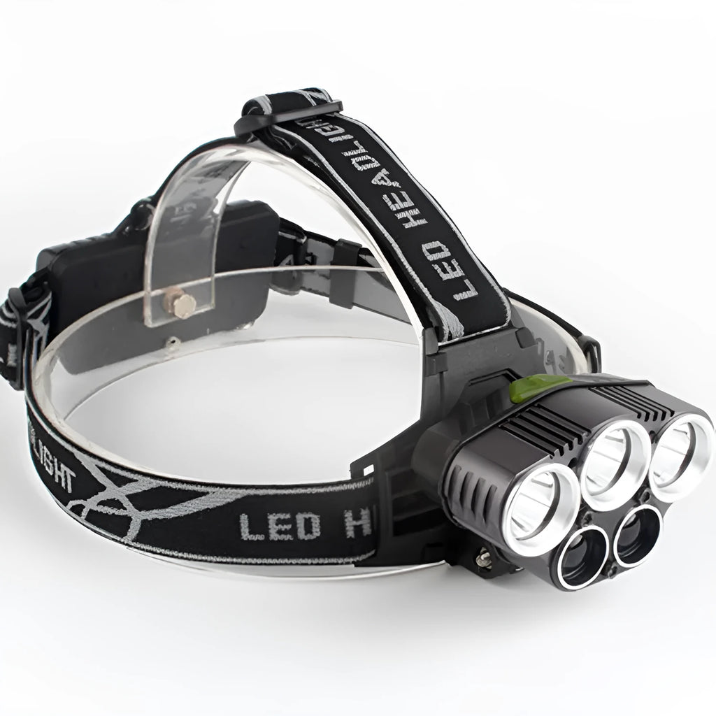 Head-mounted camping light with fixed focus beam showing waterproof construction and LED light source