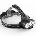 Head-mounted camping light with fixed focus beam showing waterproof construction and LED light source