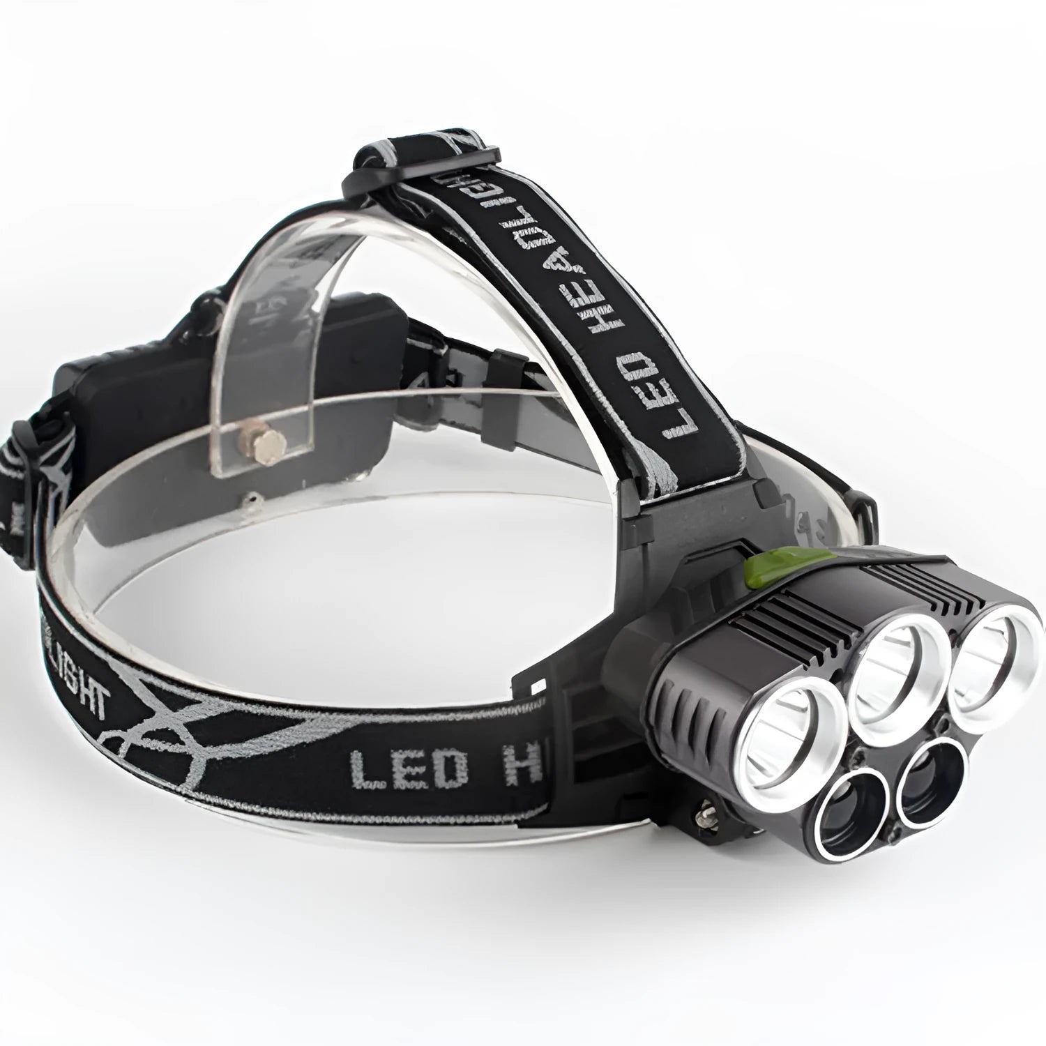 Head-mounted camping light with fixed focus beam showing waterproof construction and LED light source