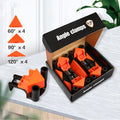 Four plastic 90 degree right angle woodworking clips for picture frame assembly