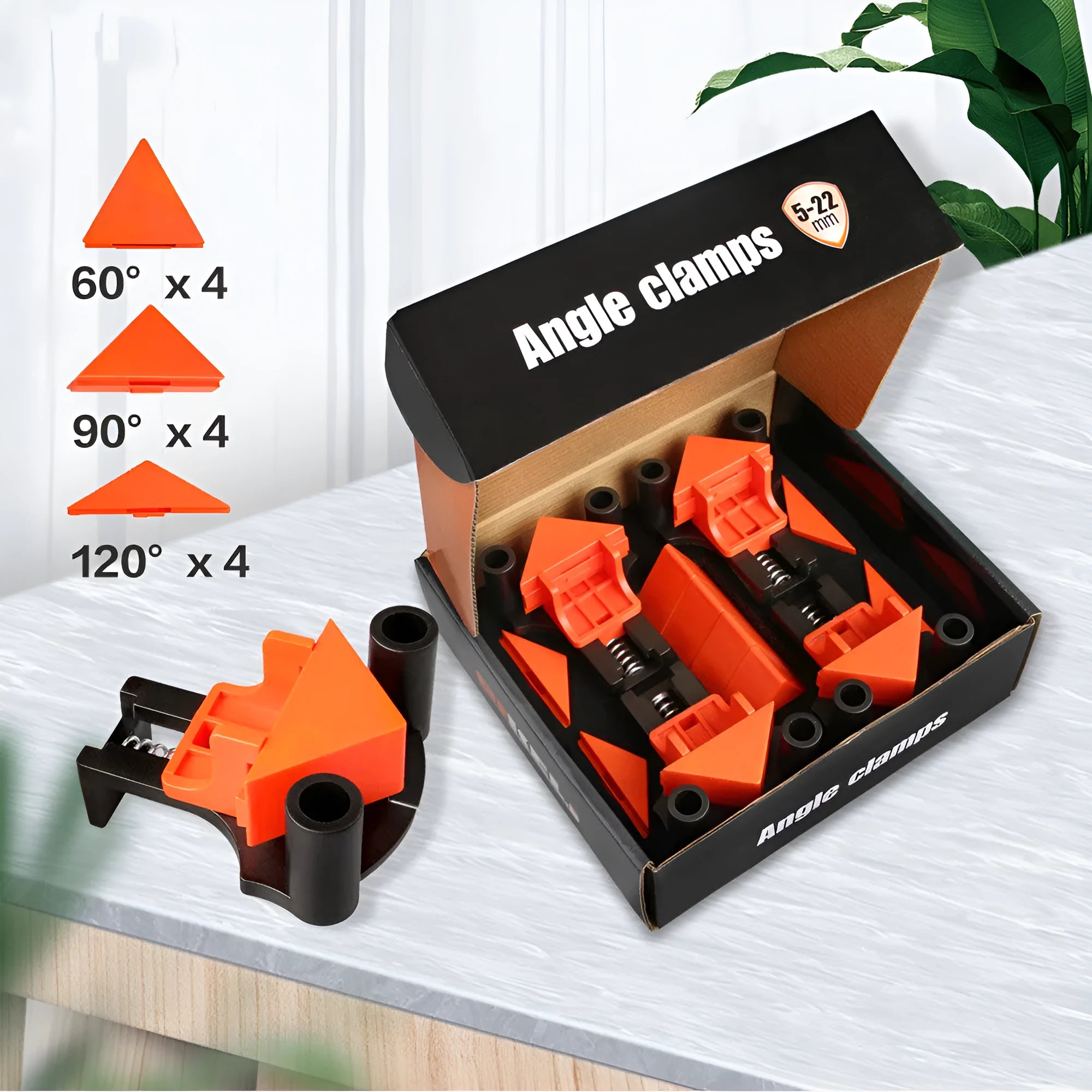 Four plastic 90 degree right angle woodworking clips for picture frame assembly