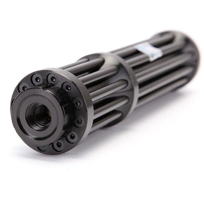 Black aluminium extended flashlight with laser indicator and tail cap switch.
