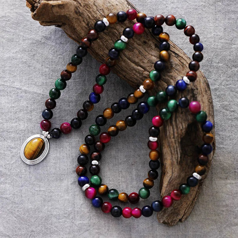 Natural stone 108 pendant meditation necklace with tiger-eye colour gemstones and symbolic designs