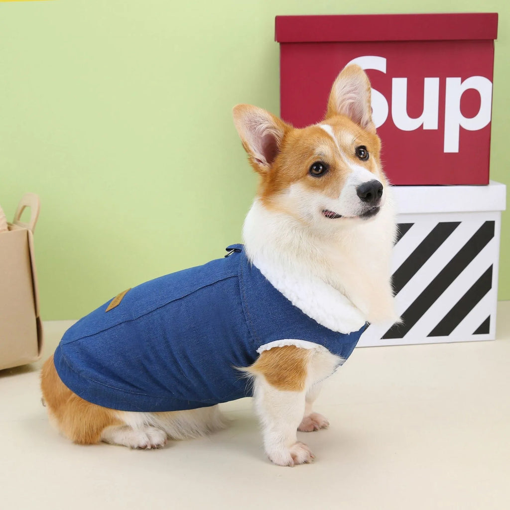 Corgi wearing dark blue denim cotton coat showing size fit and colour