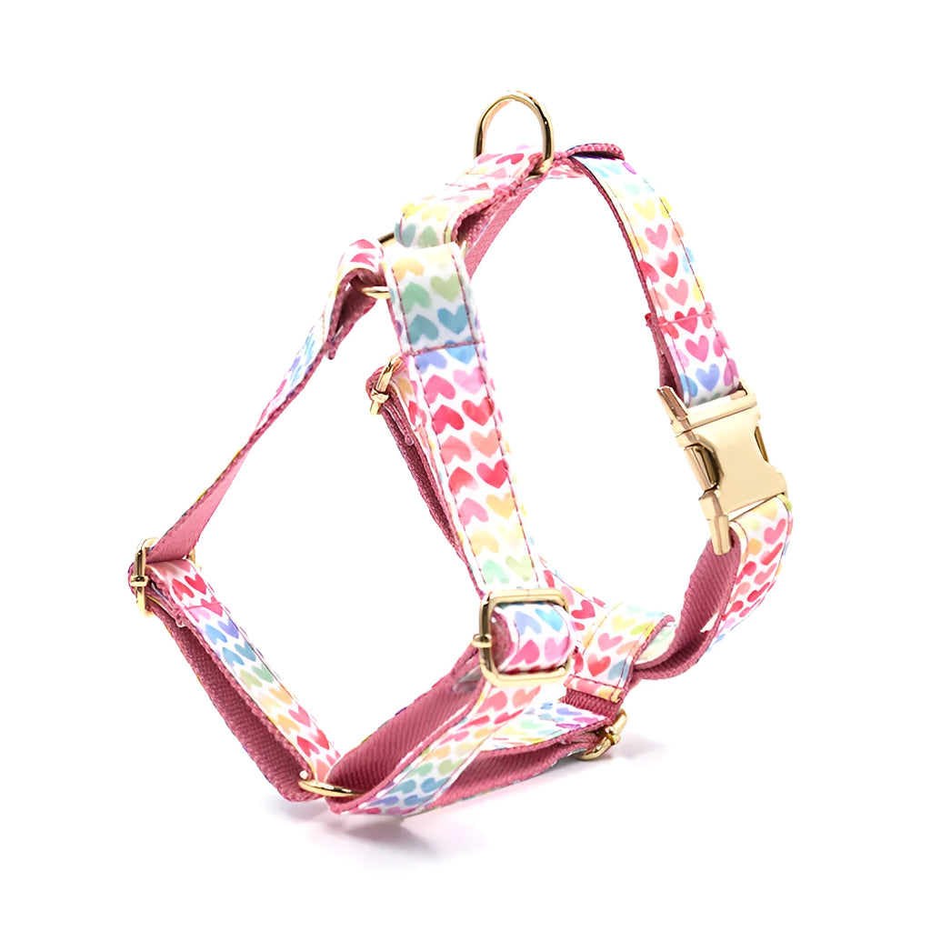 Pink colourful dog harness with gold buckle and heart-shaped stone decoration