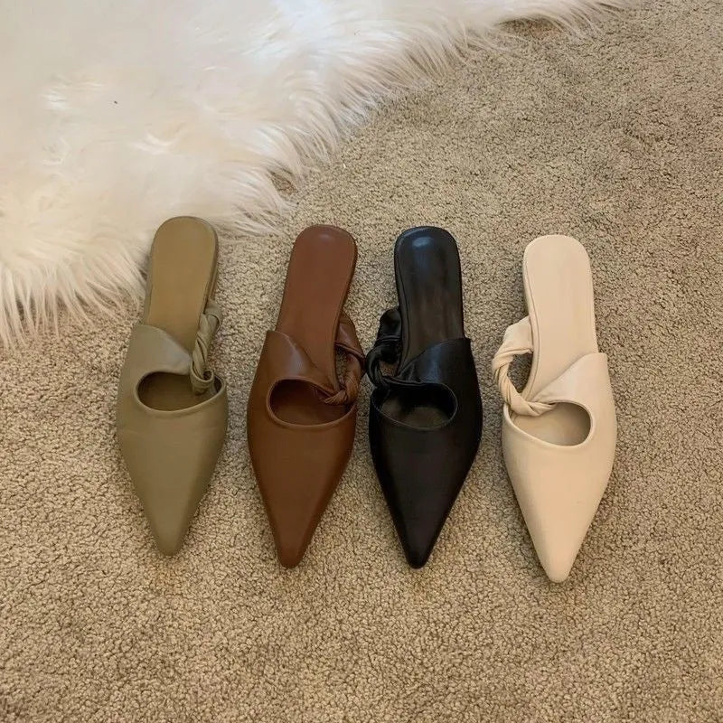 Women's soft leather semi-toe box slippers in black, brown, khaki, and off white colours
