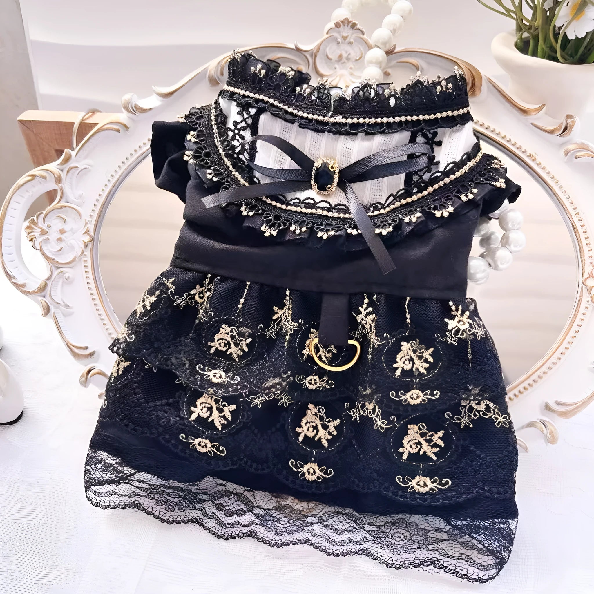 Golden gothic-style princess skirt for a small dog or cat on a mannequin