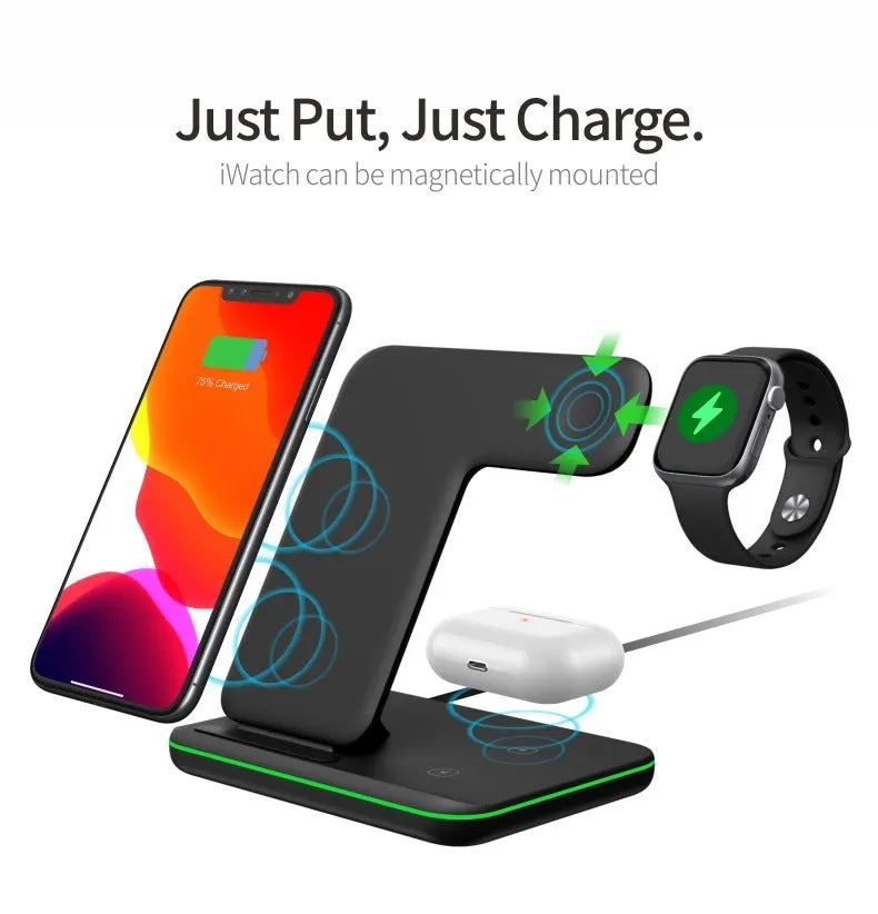 White three-in-one wireless charging stand for mobile phone smartwatch and headset on desktop