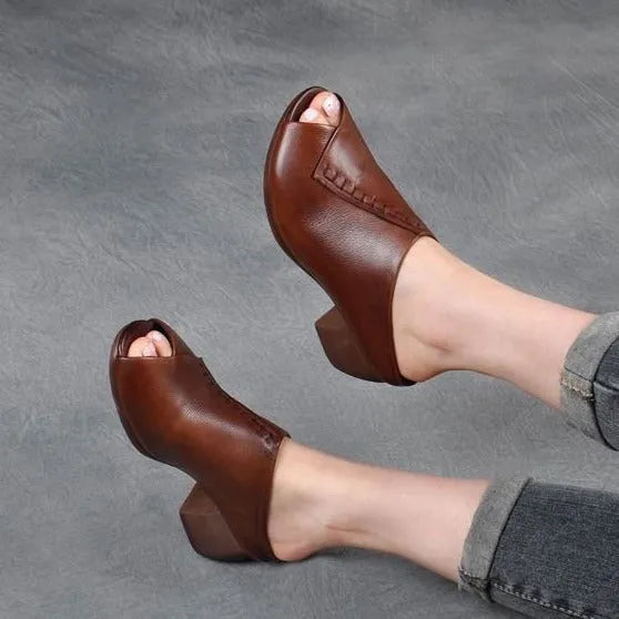 Women's black square heel peep toe slippers with fish mouth scaffold design