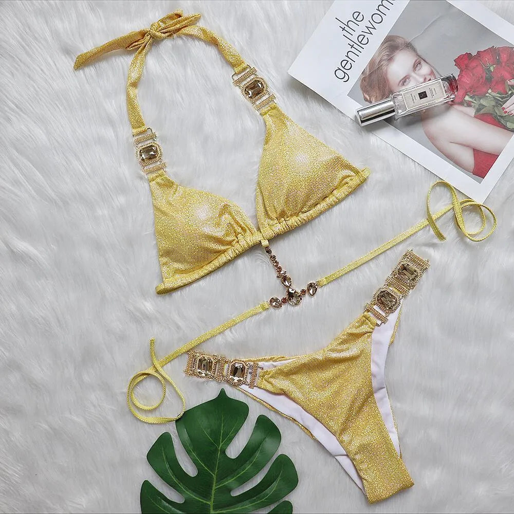 Women's ties halter bikini glitter set in silver bronzing with polyester fabric