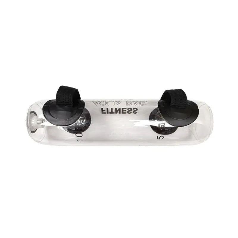 Transparent PVC water injection weight lifting bag showing adjustable water fill for strength training