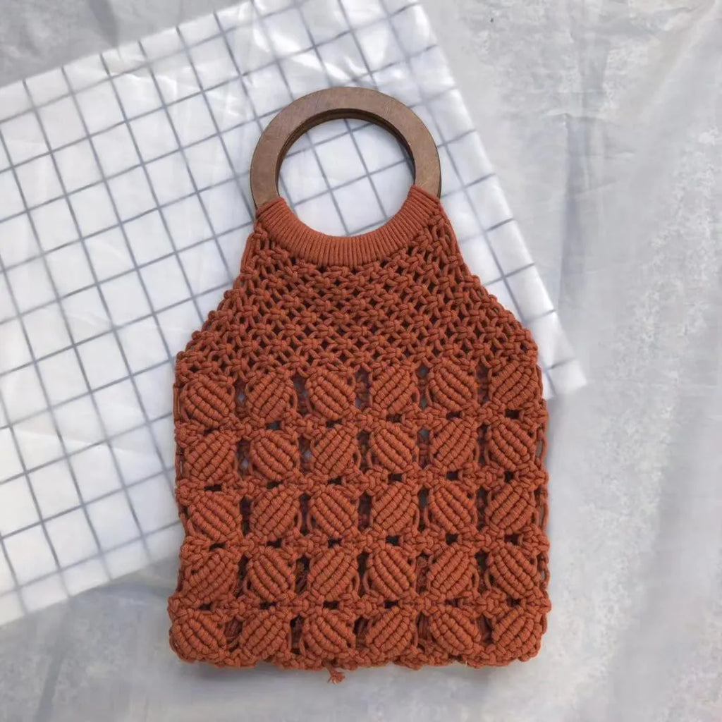 Handmade straw bag women woven wicker handbag Mori style solid colour with cotton lining and hard handle
