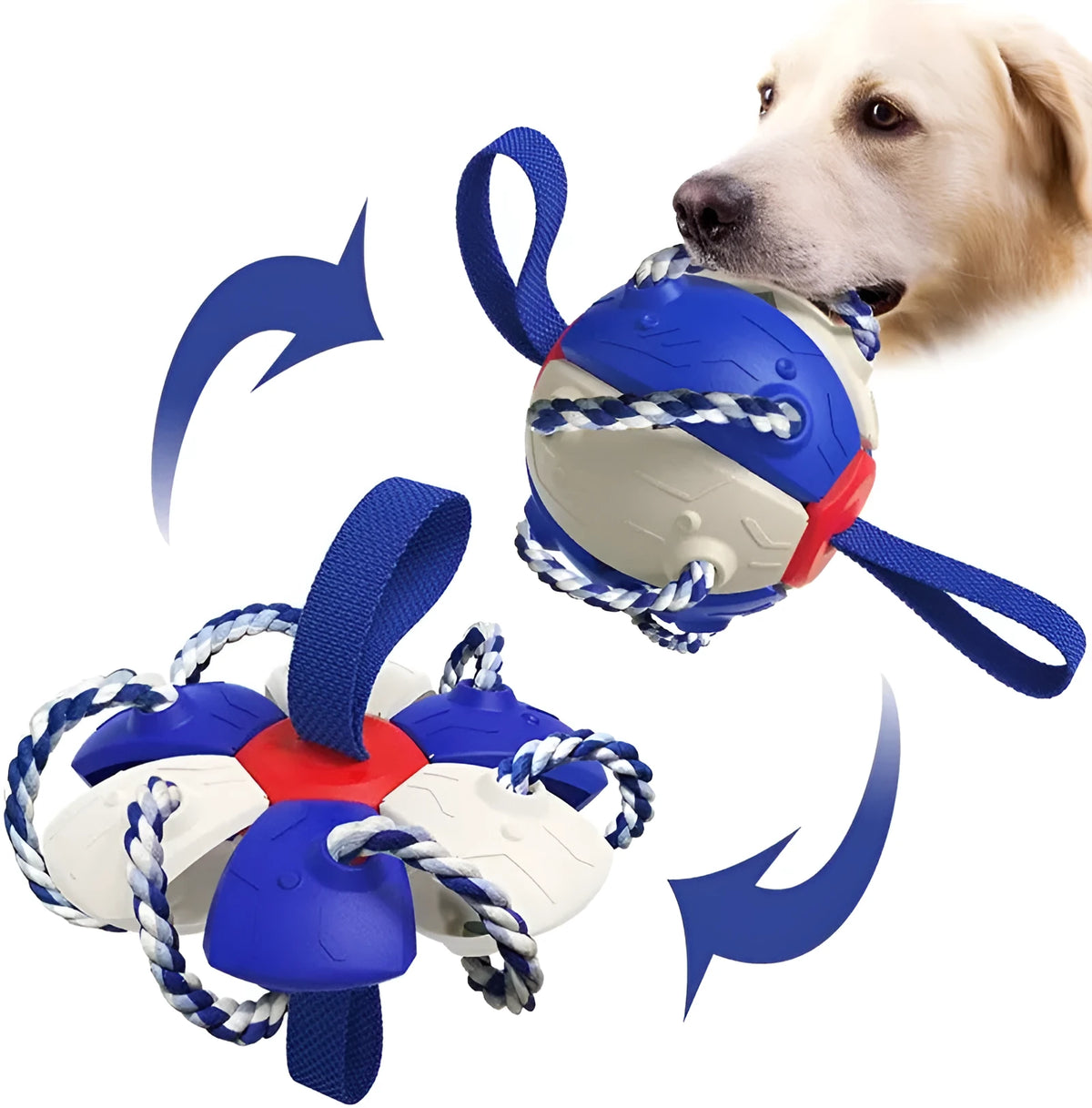 Interactive dog football soccer ball with tabs and cotton chew rope, 145.5mm sphere, flattening frisbee toy for outdoor training