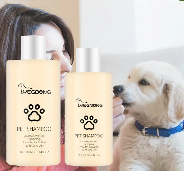 Mild dog shampoo bottle for softening hair and detangling, available in 100ml and 300ml sizes