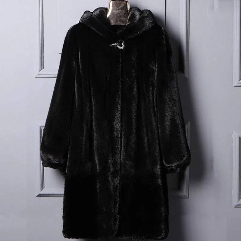 Women's black faux fur hooded casual coat for autumn and winter street fashion.