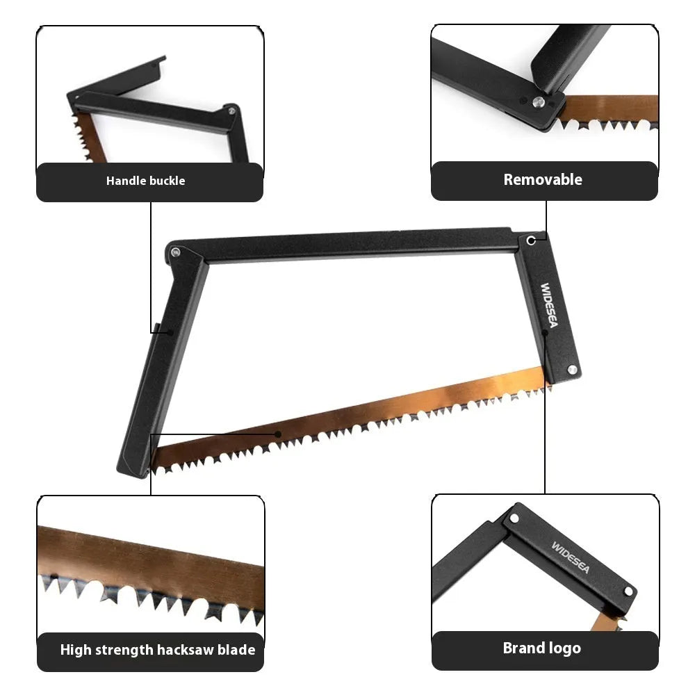 Black outdoor foldable survival saw with aluminium handle shown in open and closed positions.