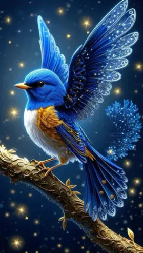 Blue Bird design DIY rhinestone painting kit showing 60x100cm canvas with modern pattern and acrylic diamonds