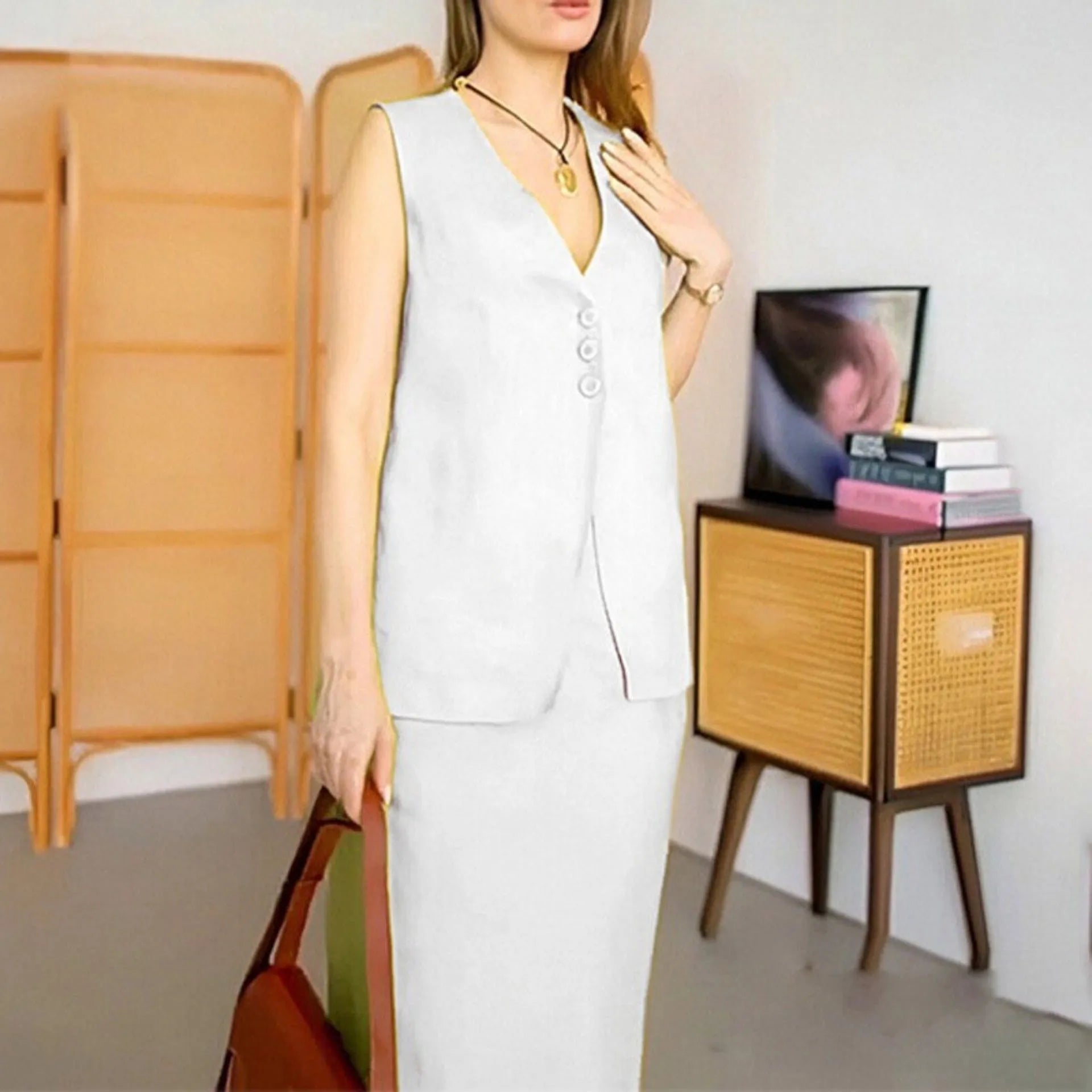 Women's blue sleeveless vest and long skirt two-piece casual co-ord set on a hanger.