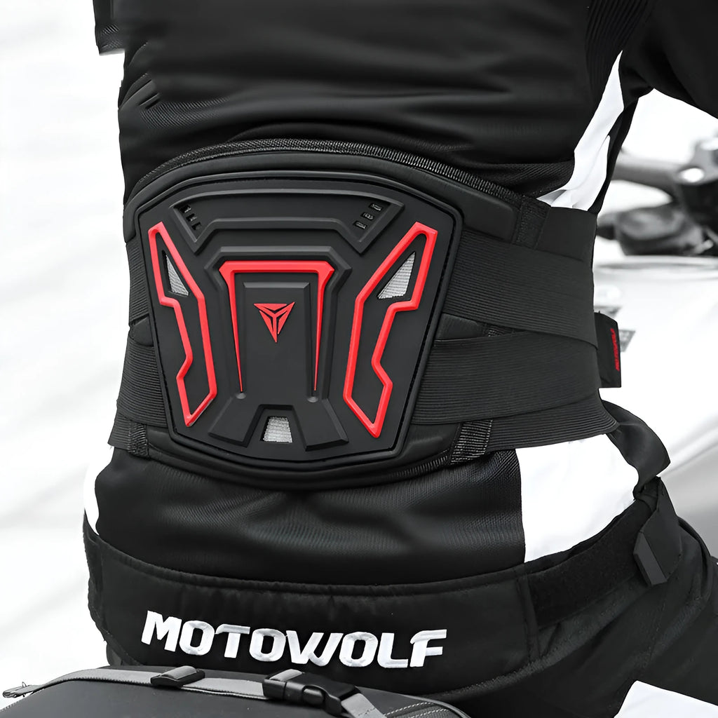 MDL1028 motorcycle waist support band in black and red colours showing M, L, XL sizing options