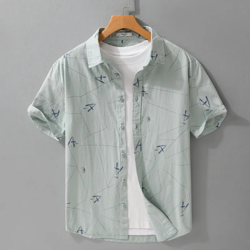 Loose fit pure cotton short sleeve shirt in light green, shown on a model.