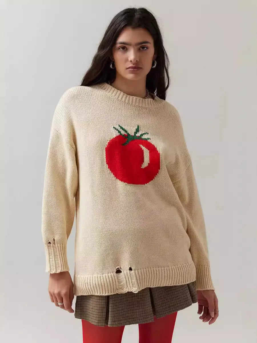 Milky white women's jacquard knit pullover sweater with a round neck and long sleeves on a hanger.