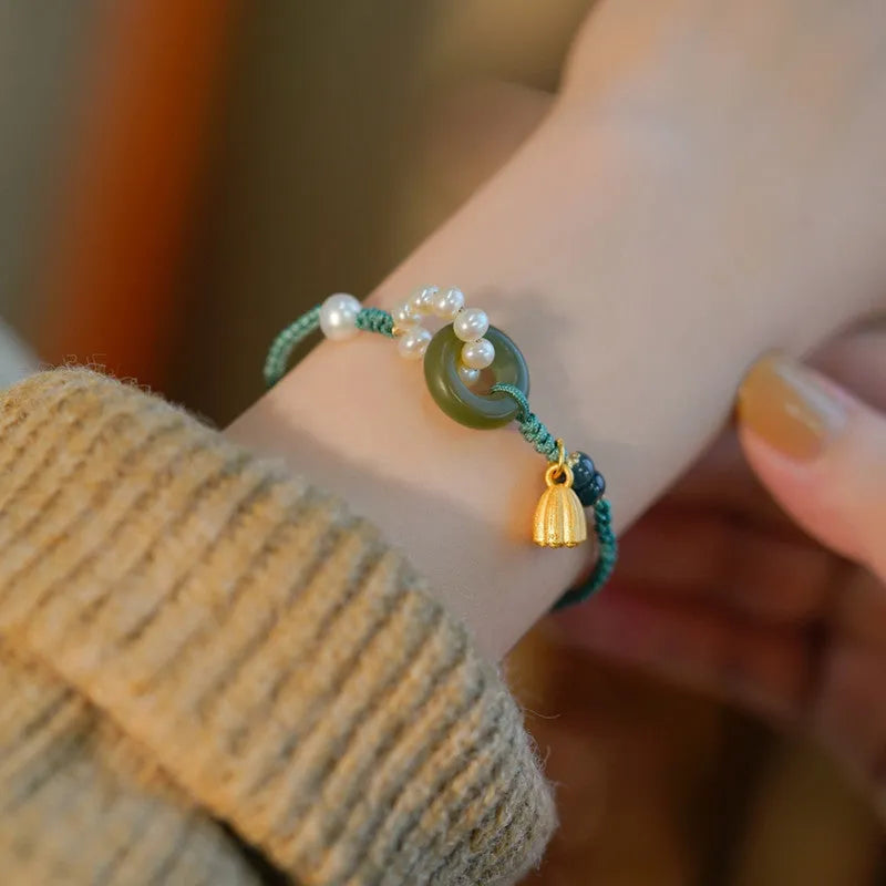 Hand-woven flexible wire watch bracelet with pearl peace buckle closure in retro style