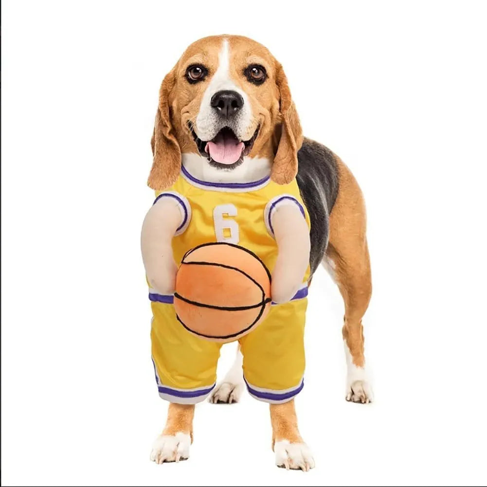 Dog wearing red basketball costume with matching ball accessory