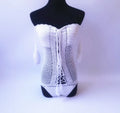 Off-shoulder one-piece swimsuit in white, black, smoky gray, aqua green, or light pink.