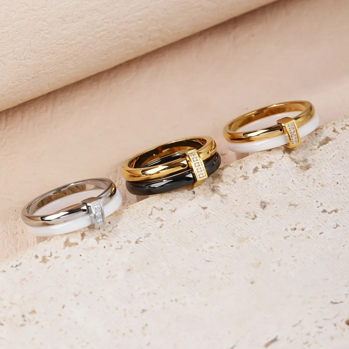 Women's titanium steel heart-shaped double ring with zirconium stones in three metallic colour options
