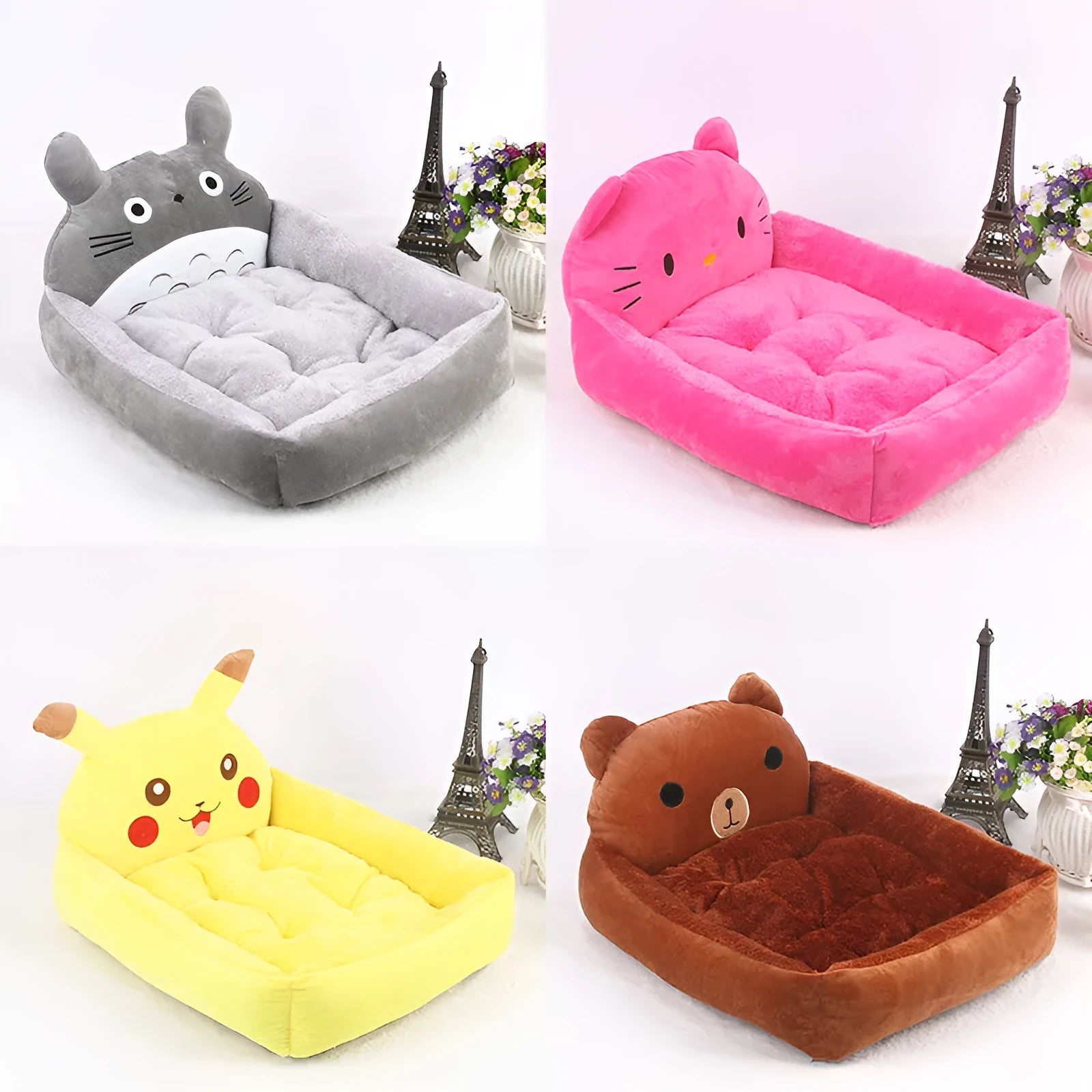 Cartoon-style plush pet bed sofa in blue, shown in small size for a dog or cat.